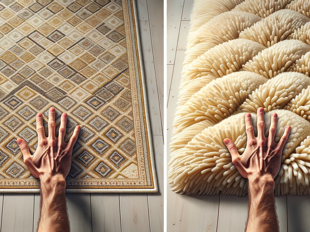 Syntet vs ull matta — jämförelse av syntetmatta och ullmatta visar skillnad i textur och material