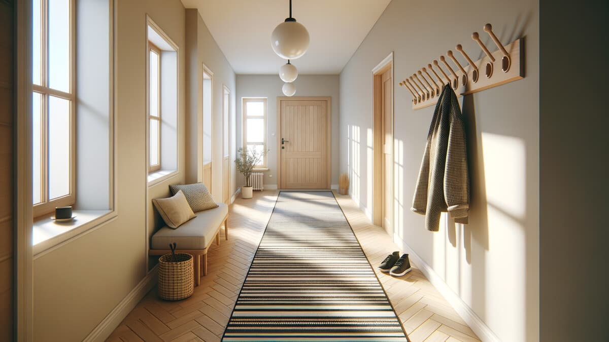 Tålig billig hallmatta löpare i en ljus entré med trägolv och klädhängare — billig matta hall