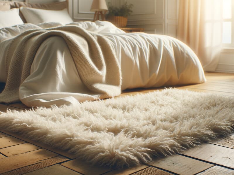 Mjuk billig matta vid sängen i ett mysigt sovrum med naturligt ljus