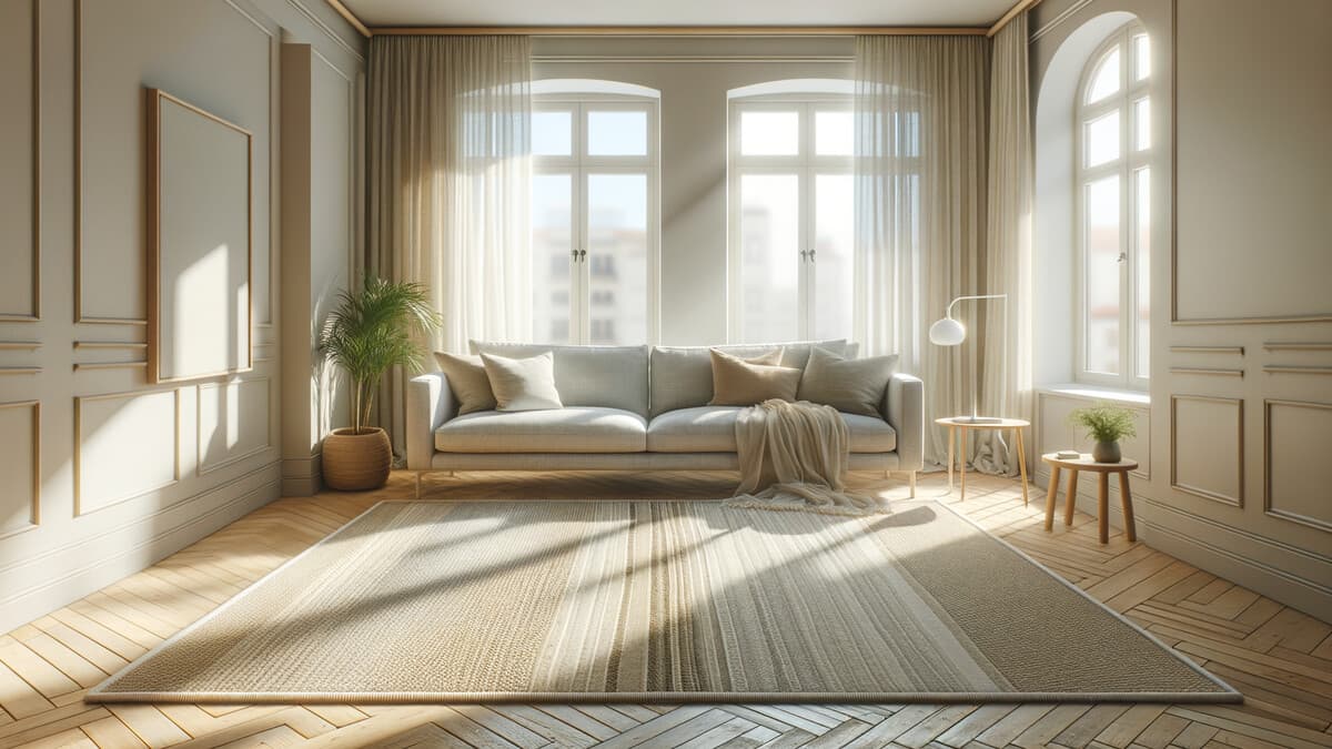 Prisvärd matta i ett ljust skandinaviskt vardagsrum med soffa, soffbord och trägolv — billig matta vardagsrum