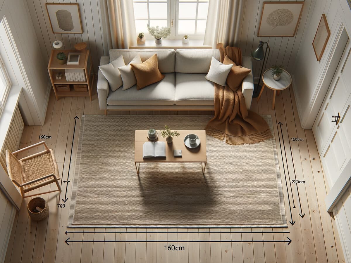 Misstaget att ignorera mattstorlek — rätt storlek matta under soffa i vardagsrum visar korrekt placering